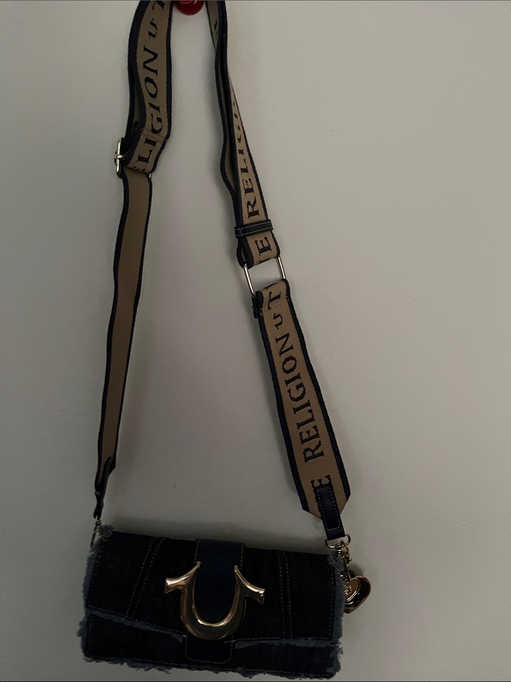 True Religion Navy Denim Crossbody with Beige Branded Strap and Gold Hardware